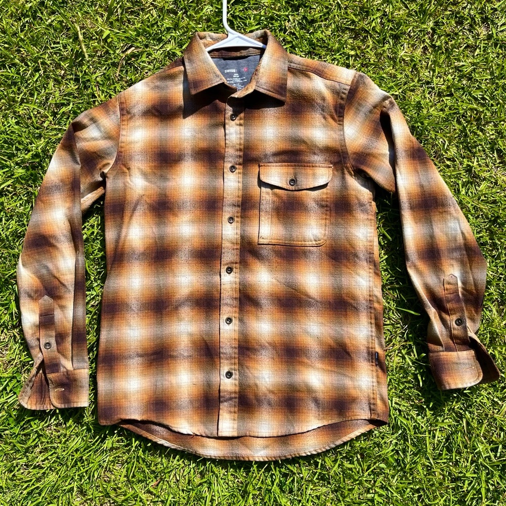 Swiss Tech Mens Small Brown Plaid Long Sleeve Button Up Shirt